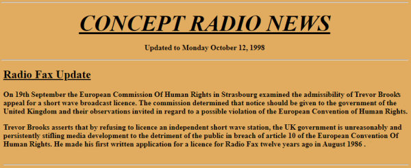 News report Radiofax case admissible at ECHR in Strasbourg in September 1998
